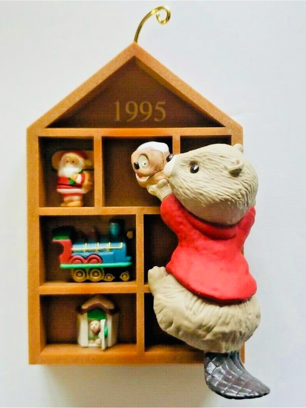 1995 Hallmark Holiday Beaver Ornament with Advent Shelf - Red